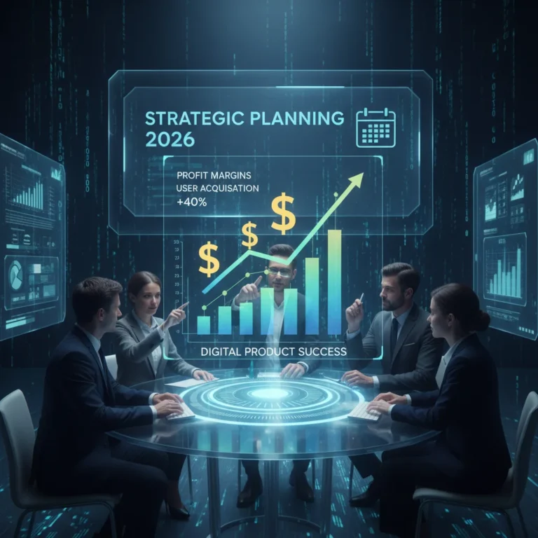 Digital product growth strategy with upward trend financial graphs and collaborative team.