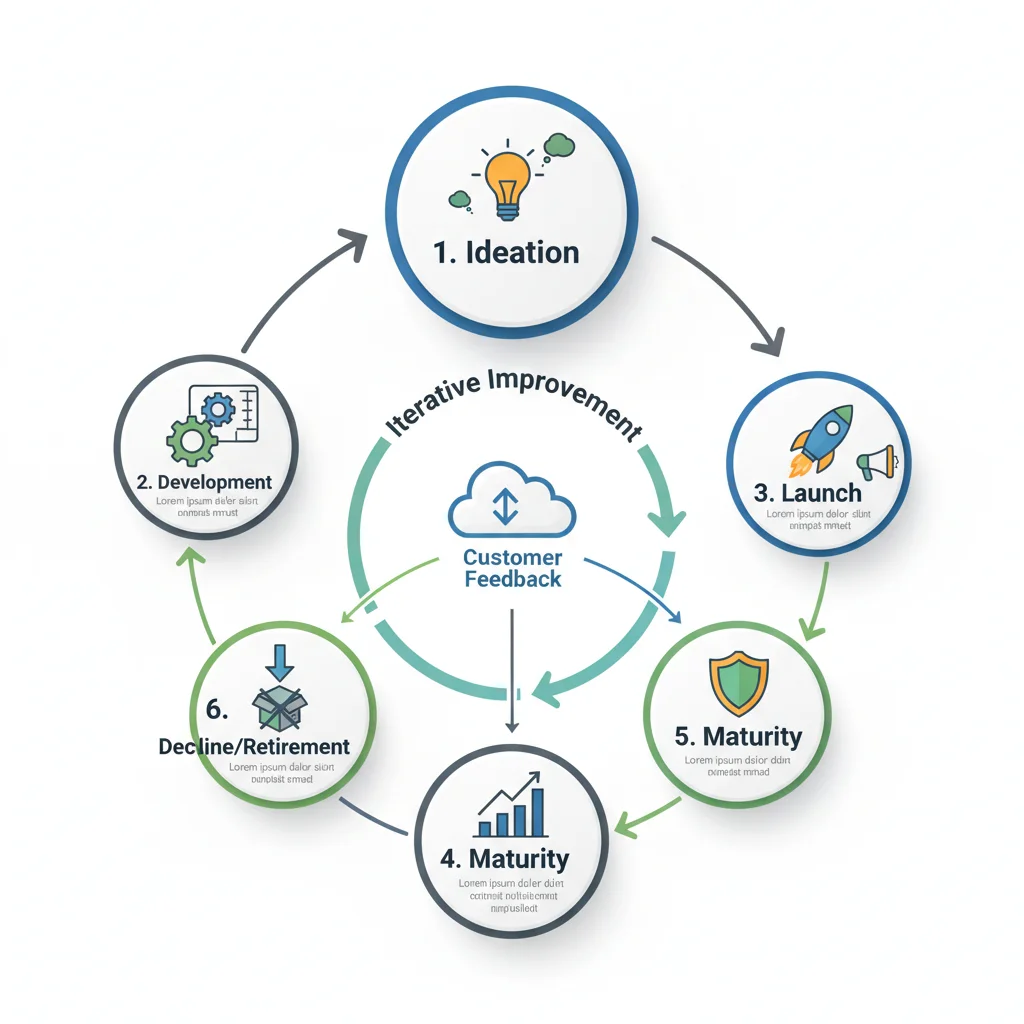 Infographic depicting digital product lifecycle stages and iterative improvement process.