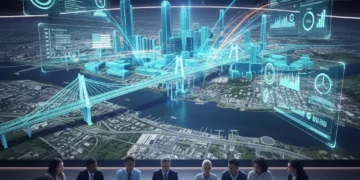 Digital Twins for U.S. Infrastructure: Reducing Delays by 25% by 2026 Digital twin model of a U.S. infrastructure project, showing data integration and analytical insights.