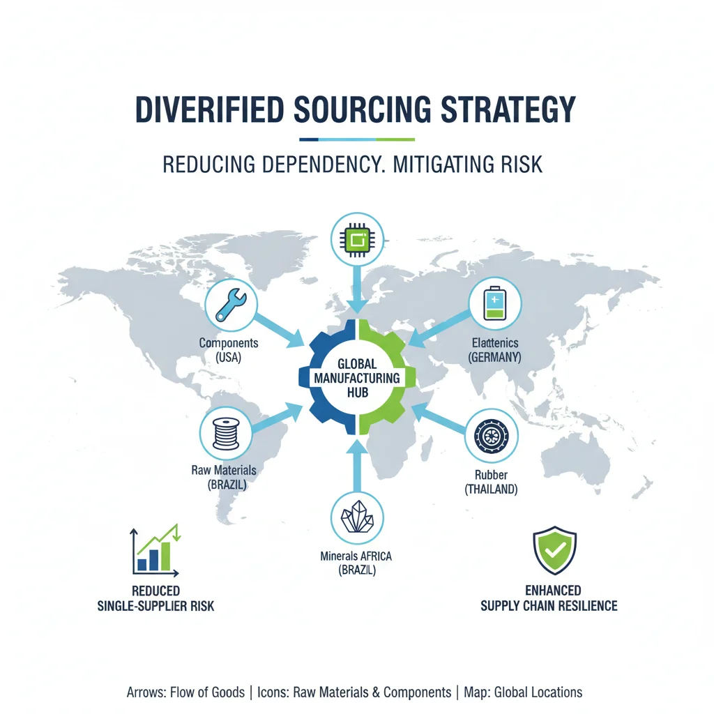 Infographic showing diversified global sourcing strategies to reduce supply chain risk.