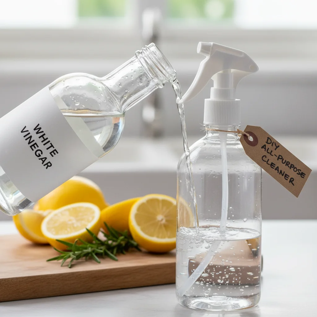 Preparing a DIY all-purpose cleaner with vinegar and lemon.