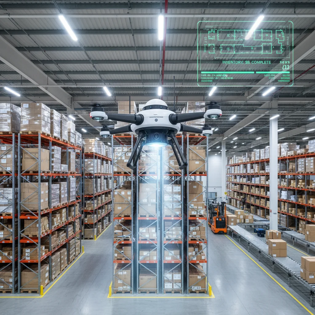 Autonomous drone conducting inventory scans in a vast logistics warehouse, demonstrating efficient stock management.
