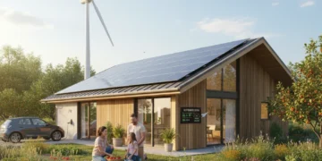 Eco-friendly home with solar panels and wind turbine, showcasing renewable energy solutions for homeowners.