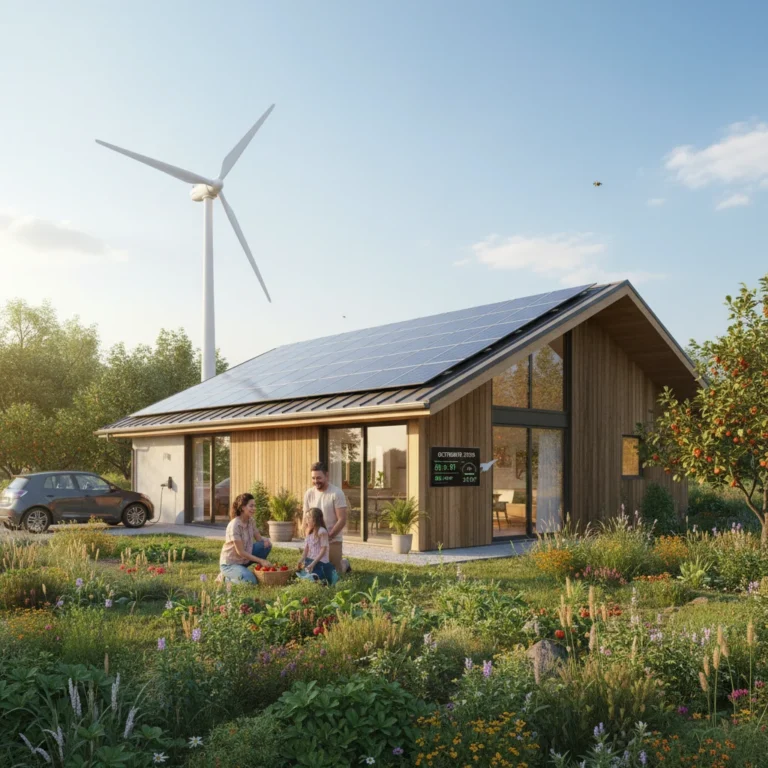 Eco-friendly home with solar panels and wind turbine, showcasing renewable energy solutions for homeowners.
