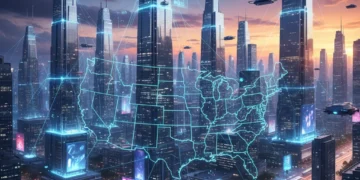 Futuristic cityscape with data lines, representing widespread edge computing deployment in the U.S.