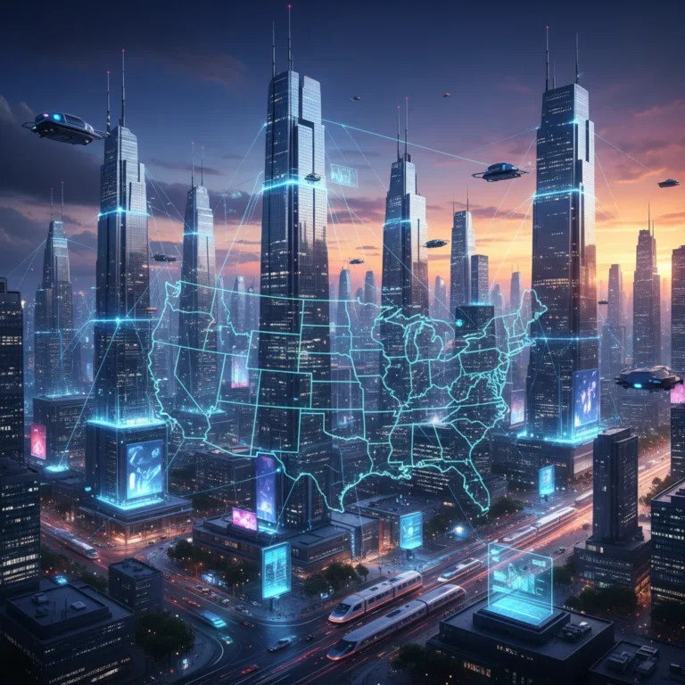 Futuristic cityscape with data lines, representing widespread edge computing deployment in the U.S.