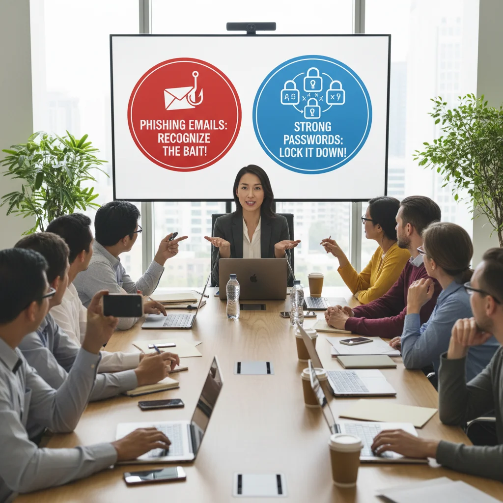 Employees participating in an interactive cybersecurity awareness training session