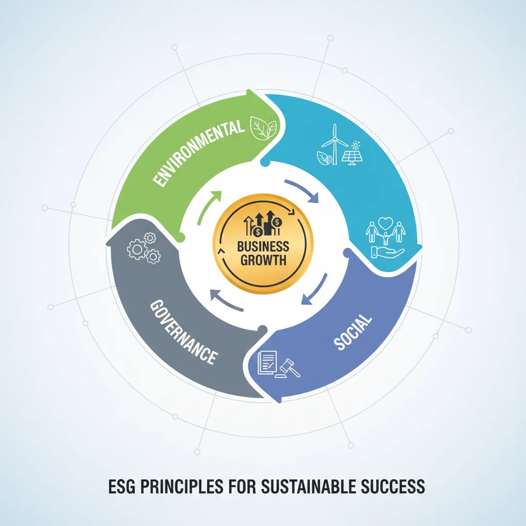 Infographic illustrating the interconnectedness of environmental, social, and governance factors in driving business growth.