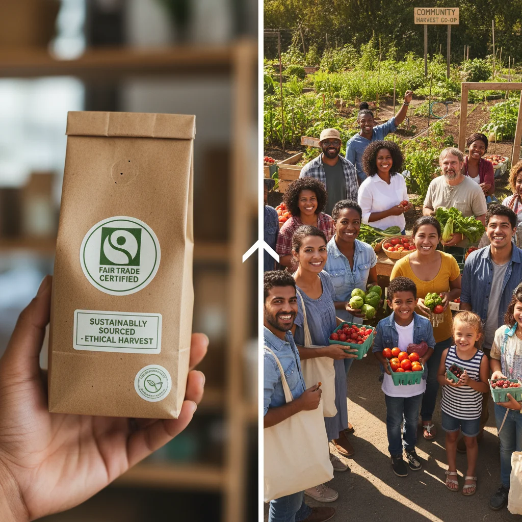 Hand holding a sustainable product and diverse consumers at a market, representing ethical consumerism and conscious choices.