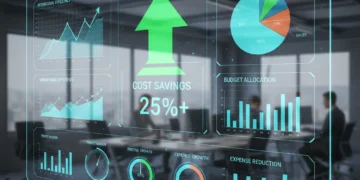 Dashboard showing financial metrics and cost savings trends