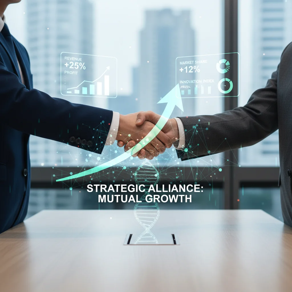 Business handshake with digital financial growth overlay, symbolizing the mutual financial benefits of a successful strategic alliance.