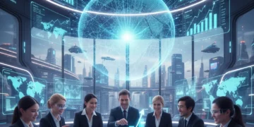 Dynamic visual of future business growth with interconnected digital lines and upward trend graphs.