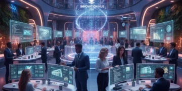 Future of Work US: 7 Innovative Companies Redefining Productivity for 2026 Diverse professionals collaborating in a modern, technologically advanced office space, representing the future of work in the US.
