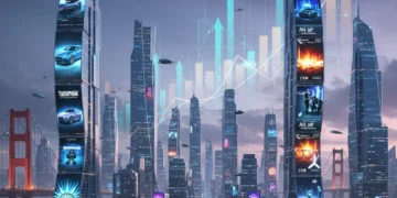 Maximizing Digital Ad ROI: US 2026 Marketing Spend Analysis Futuristic cityscape with digital billboards and financial growth indicators, representing digital advertising ROI in the US for 2026.
