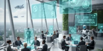 Futuristic office with diverse workers and advanced tech, symbolizing the evolving US job market.