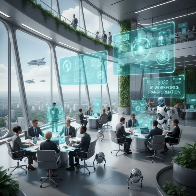 Futuristic office with diverse workers and advanced tech, symbolizing the evolving US job market.