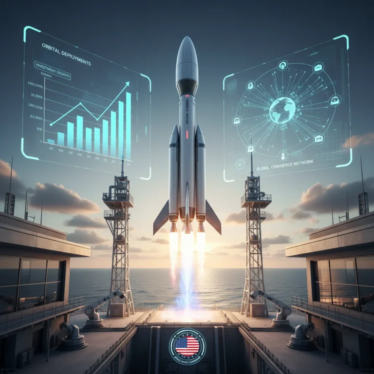 Futuristic rocket launching, symbolizing U.S. space commercialization growth