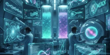 Scientists in a futuristic lab developing synthetic biology solutions for manufacturing.