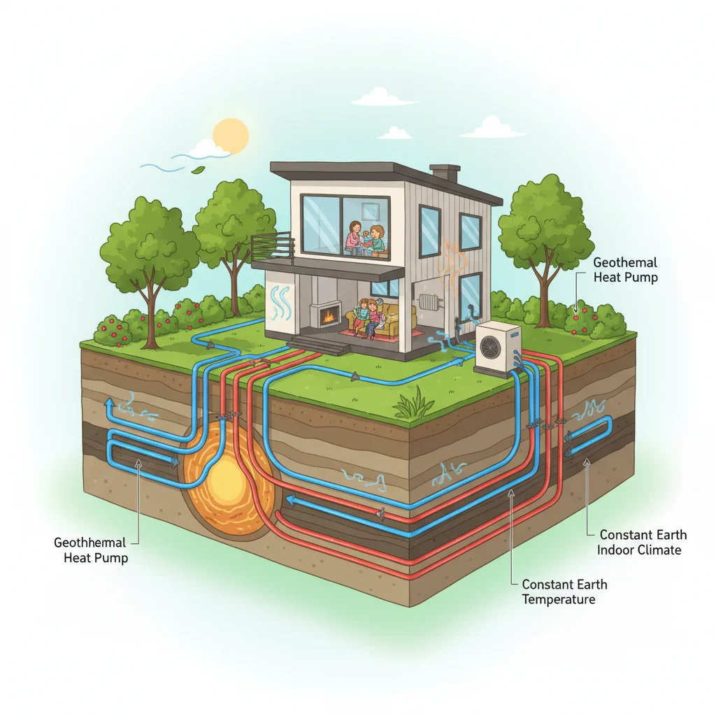 Diagram illustrating a geothermal heating and cooling system for a home, showing underground loops.