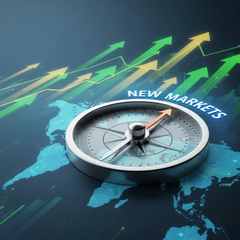 Global map with a compass pointing to new markets, symbolizing business growth and expansion.