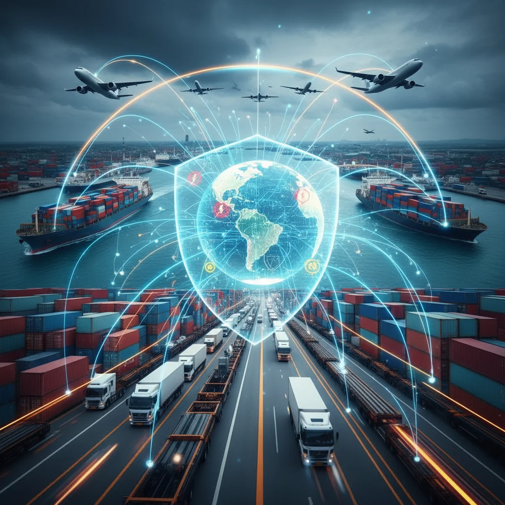 Complex global supply chain network with interconnected logistics for business resilience.