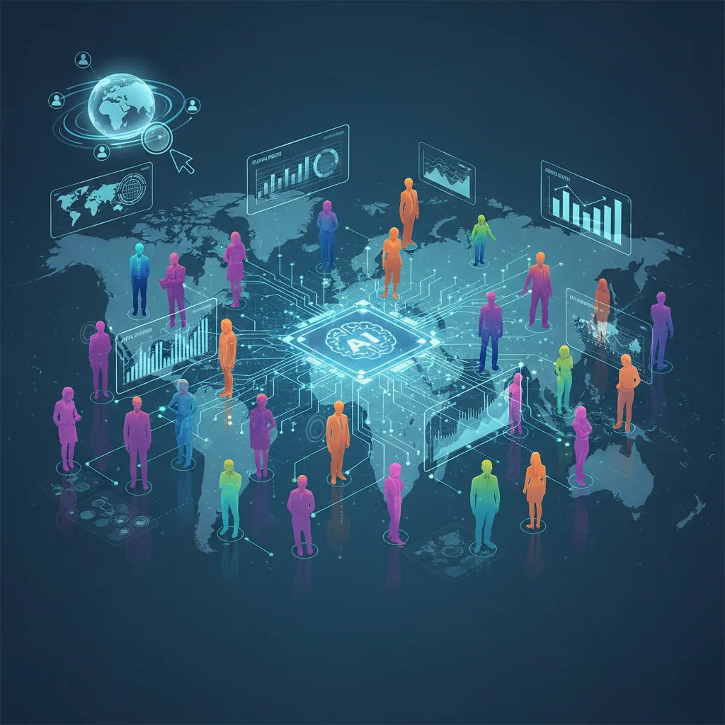 Diverse talent pool represented with data analytics overlay, focusing on global talent acquisition strategies.