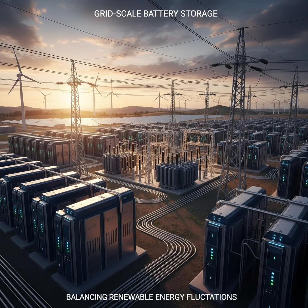 Grid-scale battery storage facility balancing renewable energy