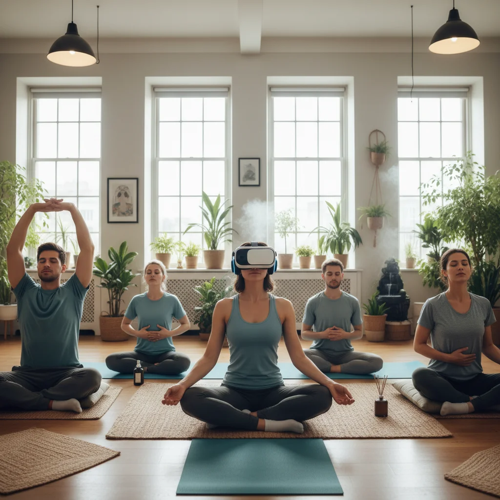 Employees engaged in a holistic wellness session, with one using a VR headset for meditation, promoting mental well-being.