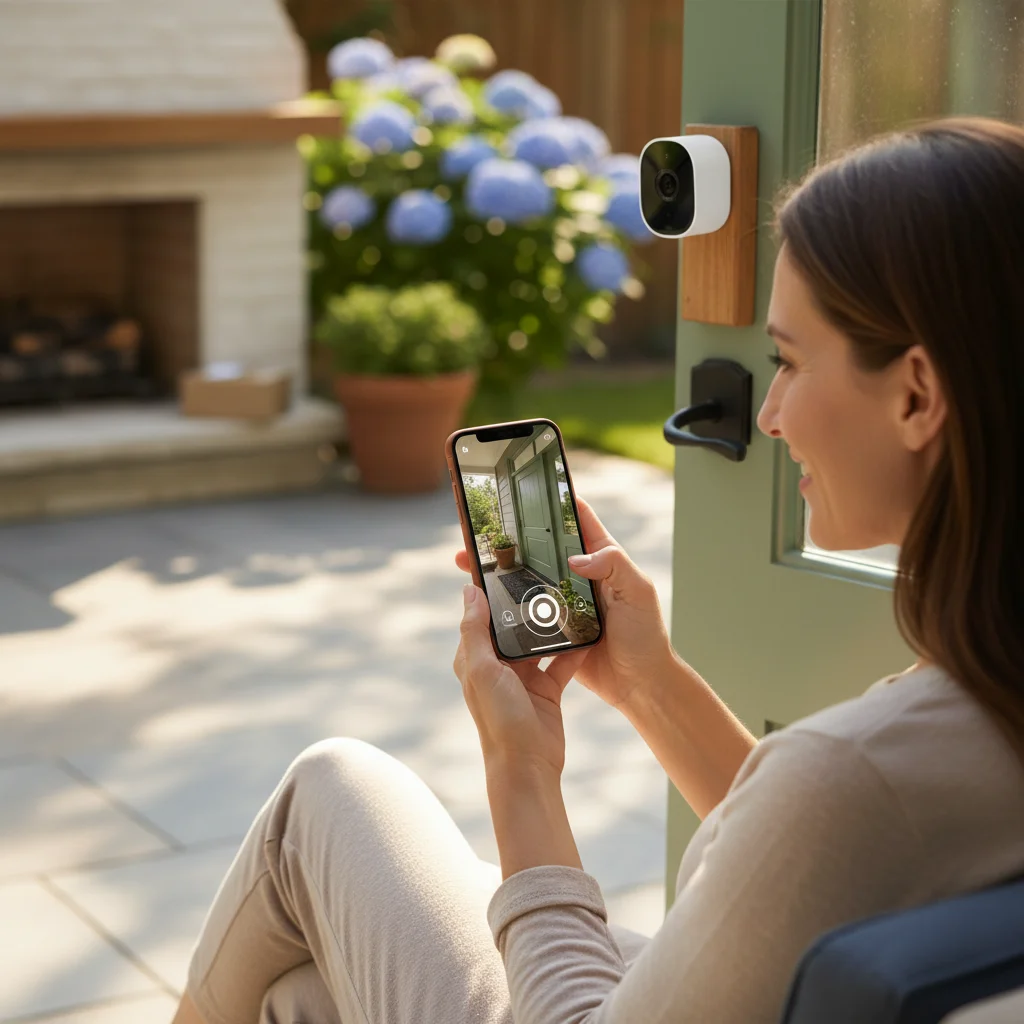 Homeowner checking live feed from smart security camera on phone