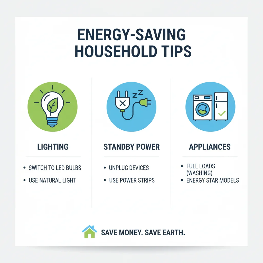 Infographic with diverse household energy saving tips and icons