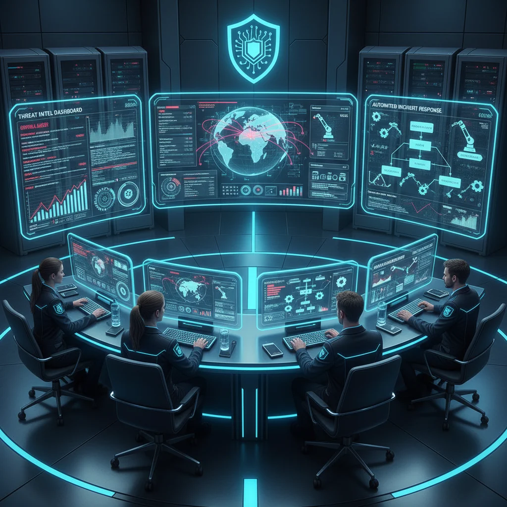 Cybersecurity team collaborating with AI for automated incident response and analysis.
