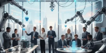 Professionals collaborating with AI and robotics for enhanced productivity
