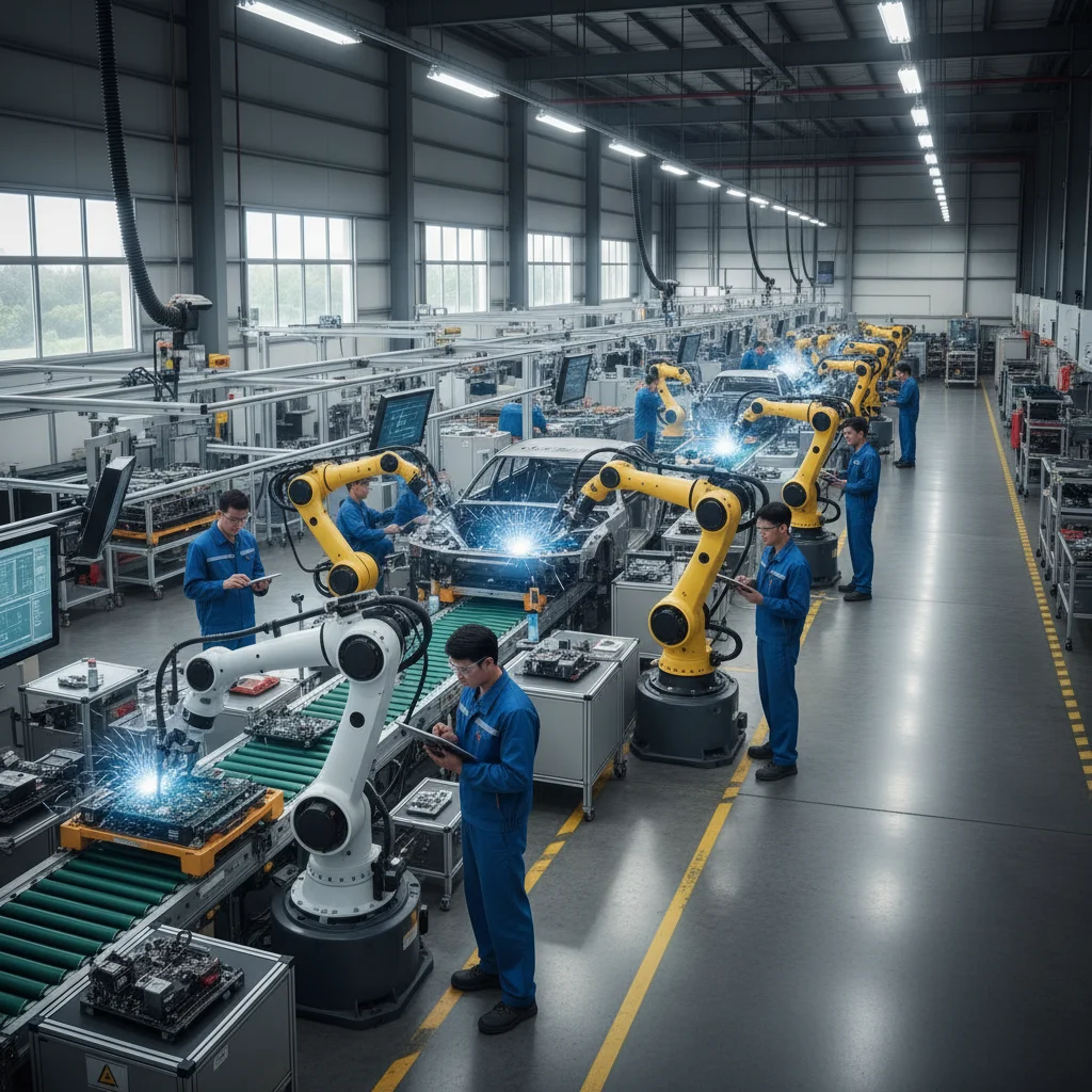Humans and collaborative robots working together in a modern factory setting, showcasing automation's integration.