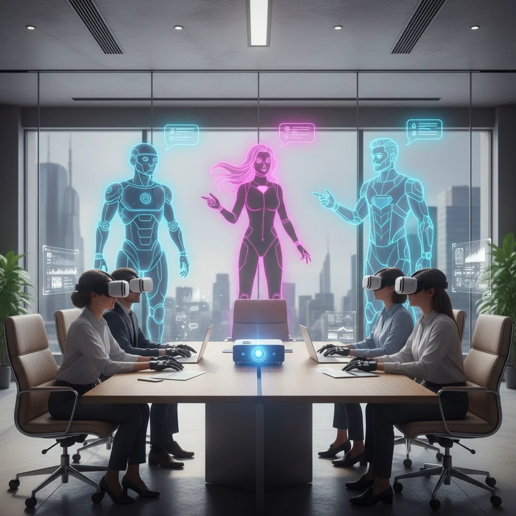 Hybrid team meeting using virtual reality technology, emphasizing seamless remote and in-person collaboration.