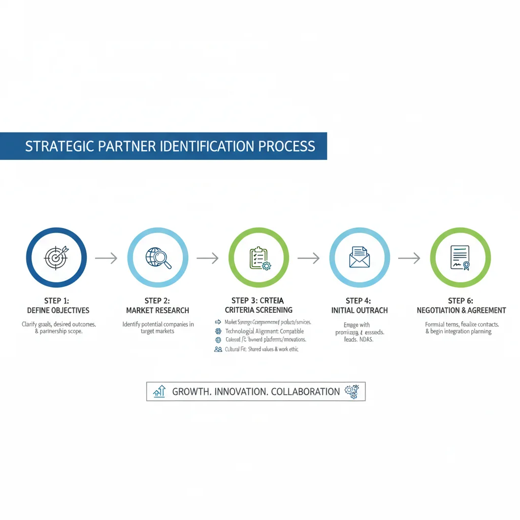 Infographic detailing a systematic process for identifying ideal strategic partners based on market, technology, and cultural alignment.