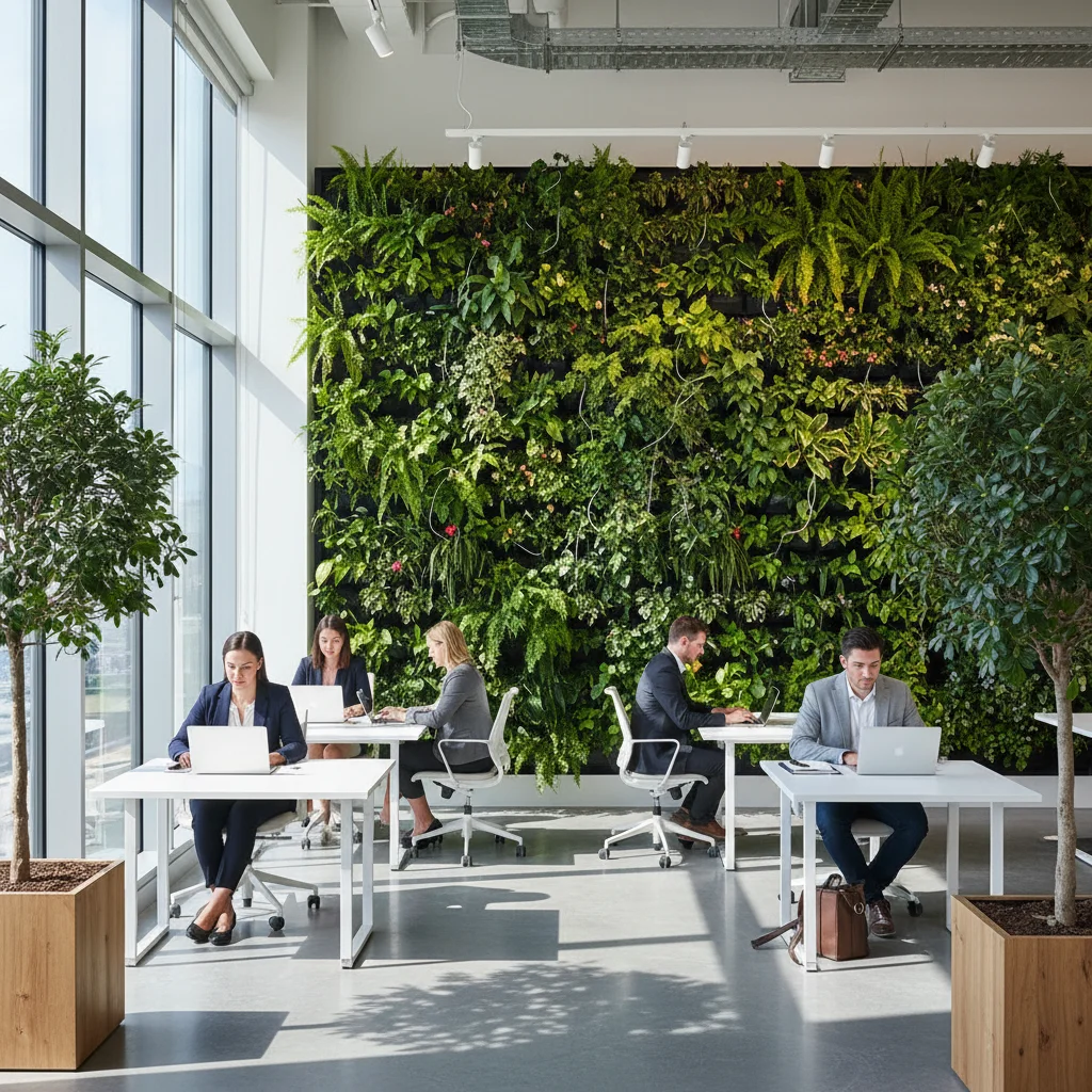 Indoor vertical garden in a modern office space enhancing productivity