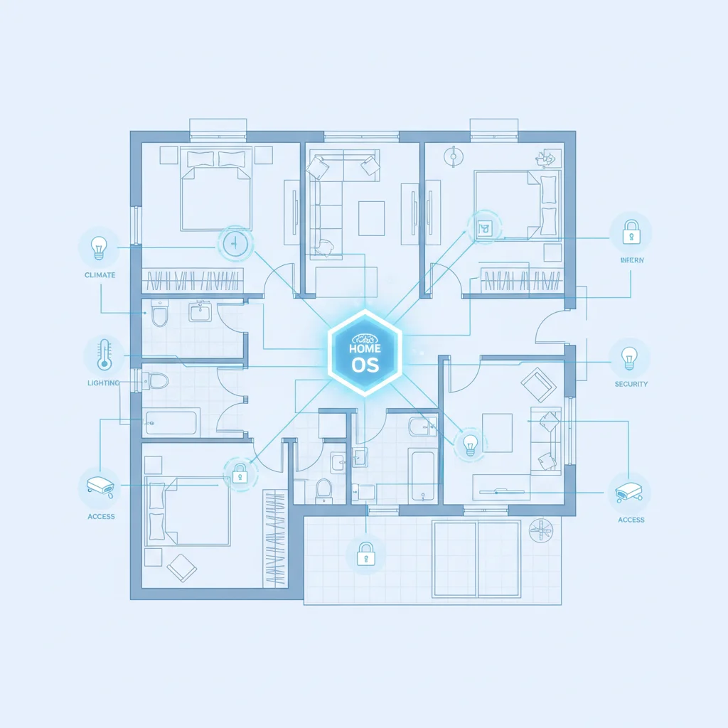 Digital floor plan showing interconnected smart home devices and integrated ecosystem.