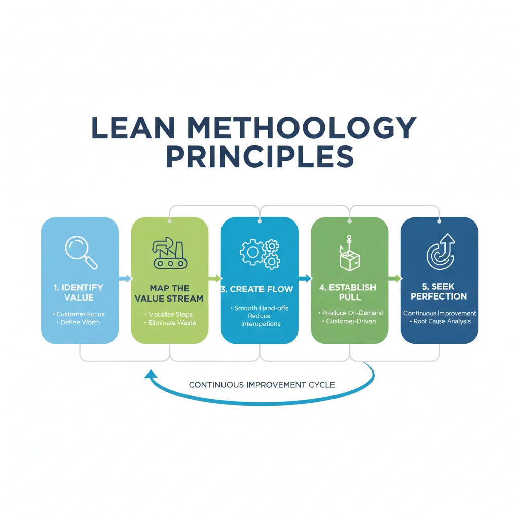 Infographic showing the five core principles of lean methodology for business efficiency.