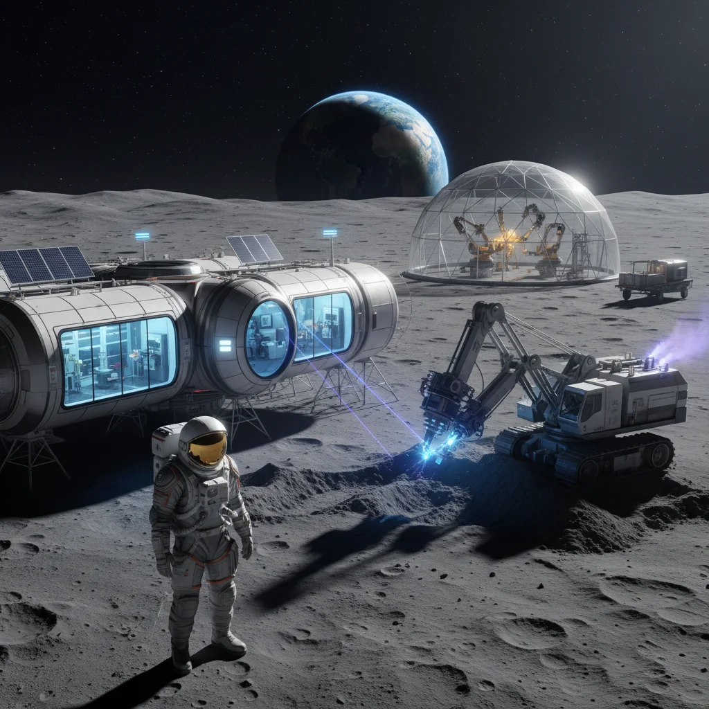 Astronaut and lunar habitat, depicting space resource utilization