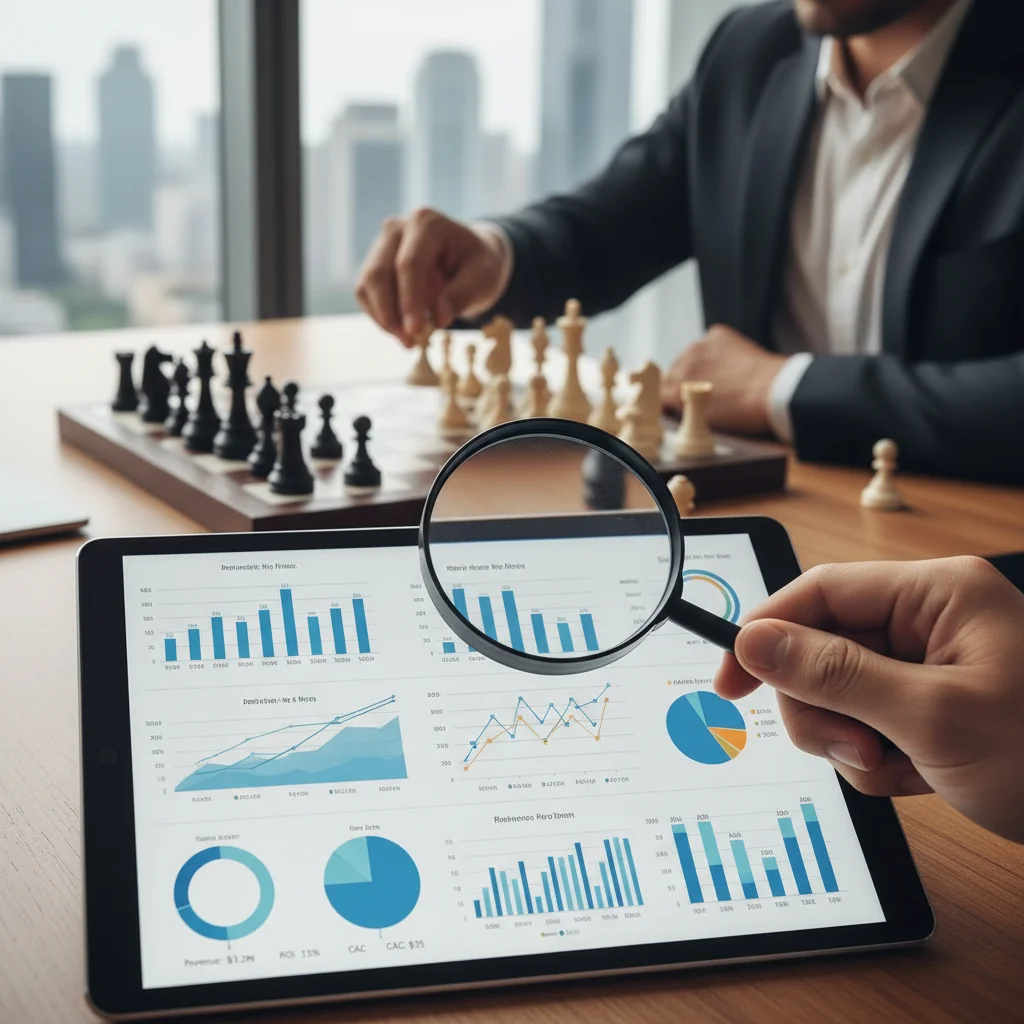 Hand analyzing digital marketing analytics on a tablet, with strategic chess pieces in the background, symbolizing optimized marketing spend.
