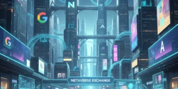 Metaverse Economics: 6 Critical Strategies for U.S. Brands to Capture a 25% Market Share by 2027 Futuristic metaverse city with interacting avatars and integrated brand logos, symbolizing the digital economy.