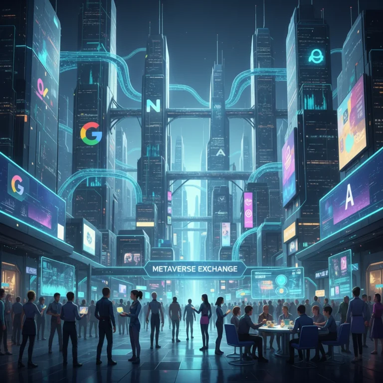 Futuristic metaverse city with interacting avatars and integrated brand logos, symbolizing the digital economy.