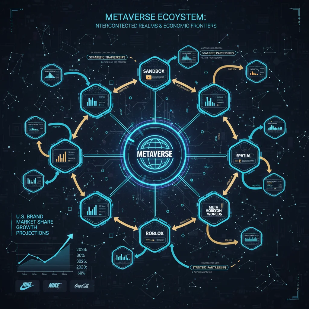 Infographic illustrating metaverse platform interconnectedness and U.S. brand growth projections.