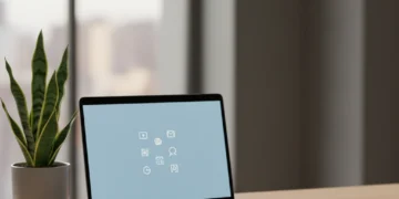 Mastering Digital Declutter: A Comprehensive Guide to Digital Minimalism Minimalist desk with laptop, plant, and notebook, representing digital clarity and organization.