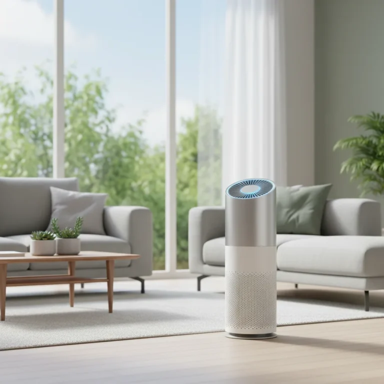 Modern air purifier in a clean living room