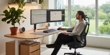 Crafting Your Ideal Home Office: 8 Ergonomic Essentials for 2026 Modern ergonomic home office setup with dual monitors and natural light