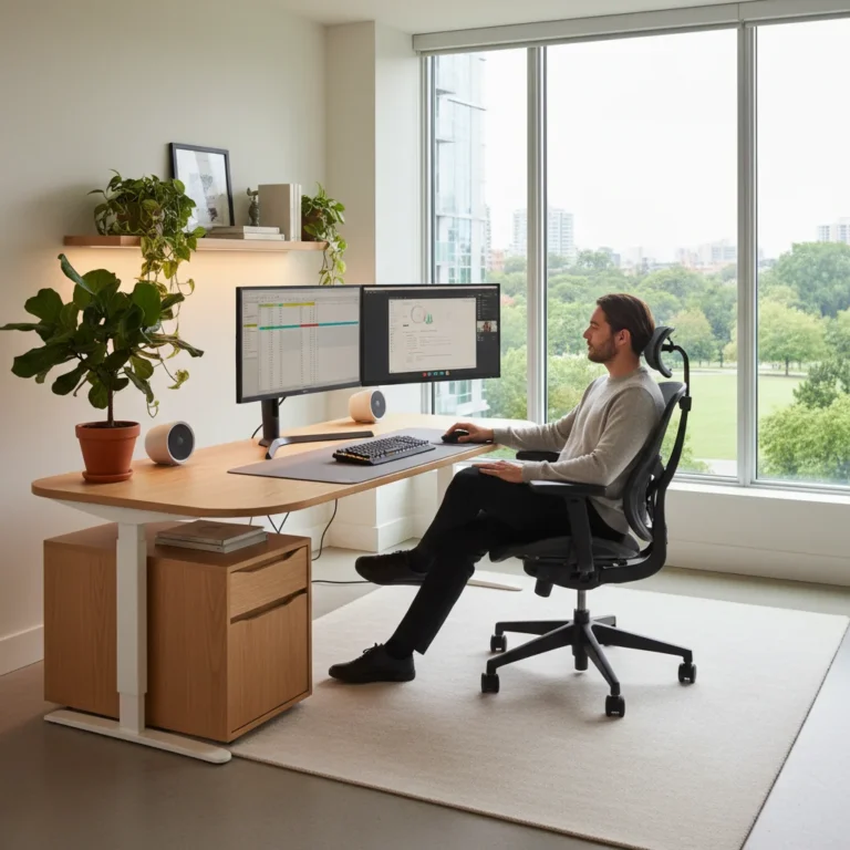 Modern ergonomic home office setup with dual monitors and natural light