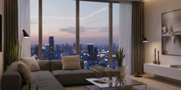 Smart Home Lighting: 2026 Guide to Ambiance & Energy Savings Modern living room with smart LED lighting and a tablet displaying controls.