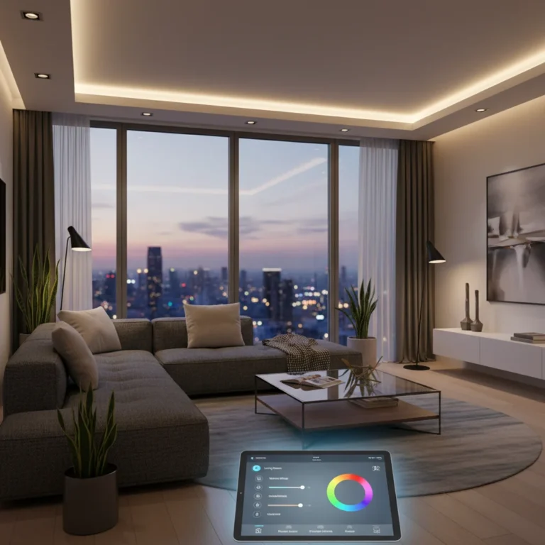 Modern living room with smart LED lighting and a tablet displaying controls.