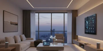 Modern living room with smart lighting and tablet displaying home automation interface.